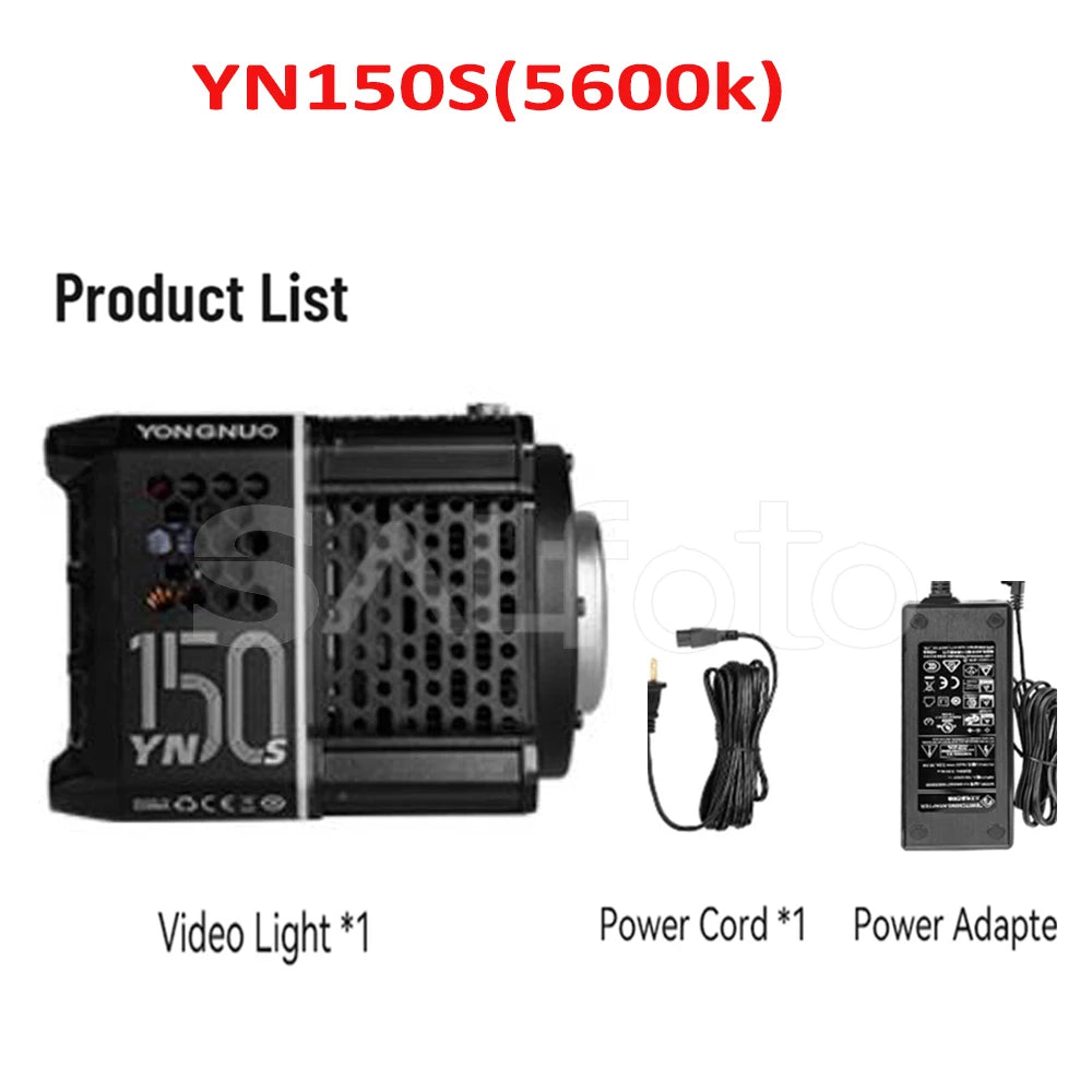 Black YN150S 5600K LED video light, power cord, and adapter for professional photography and studio lighting.
