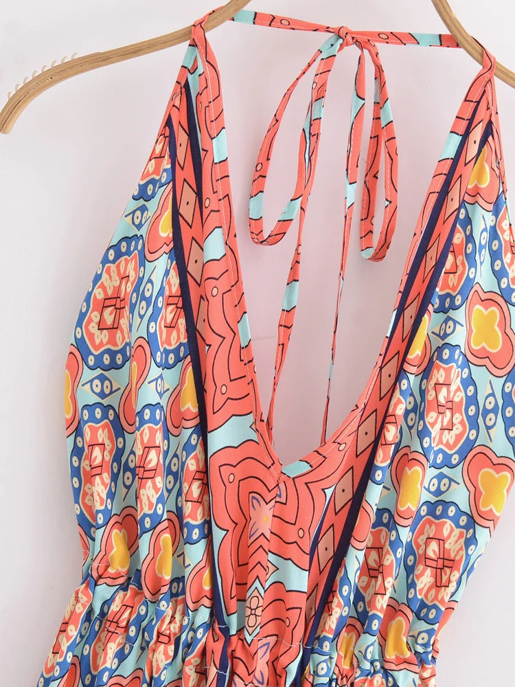 Vintage Women Geometric Print Backless Sexy Beach Bohemian Maxi Dress Lady High-Low Tassel Strapless Vacation Summer Boho Dress