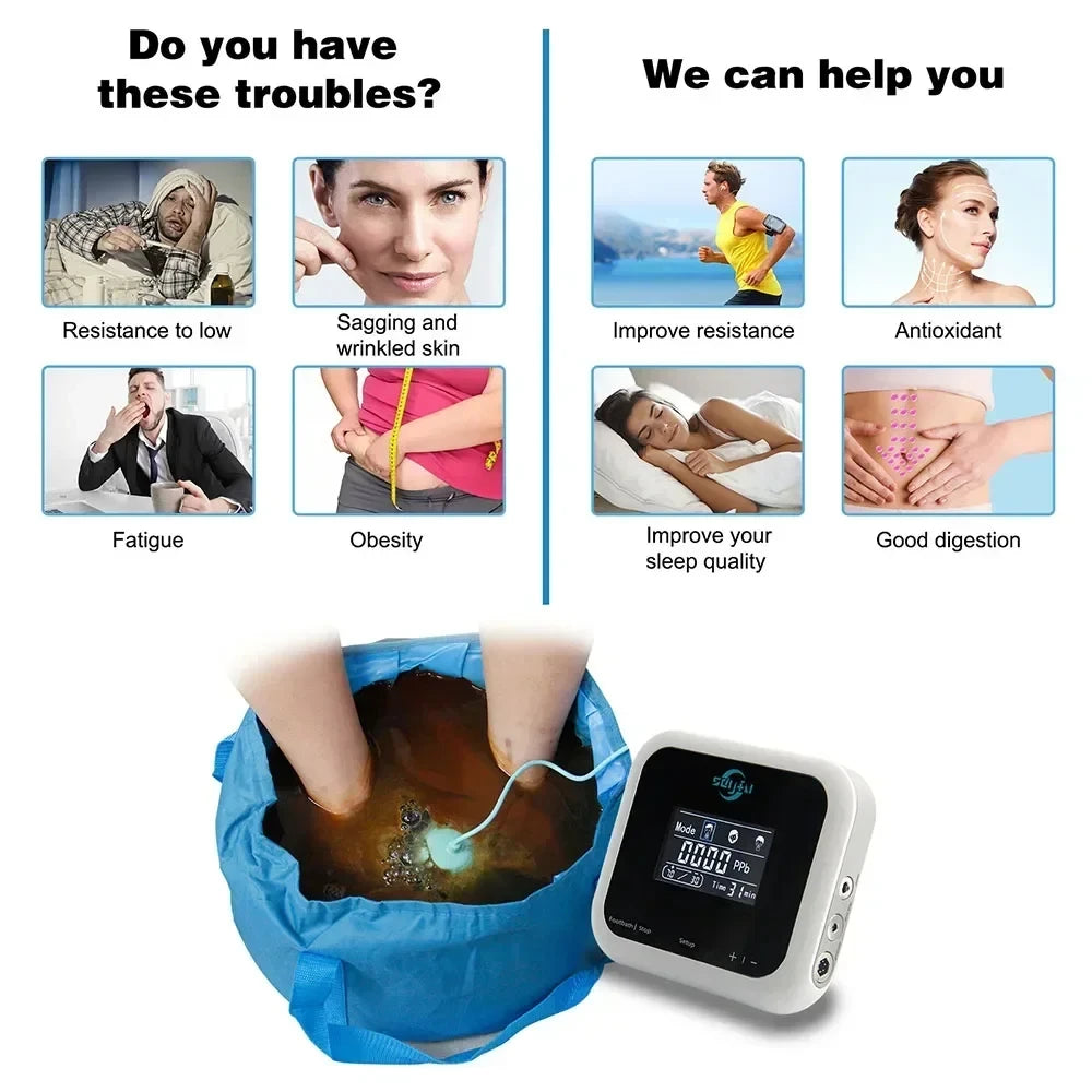 Hydrogen foot detox machine with a blue foldable basin, digital control unit, and submersible bubble ionizer.