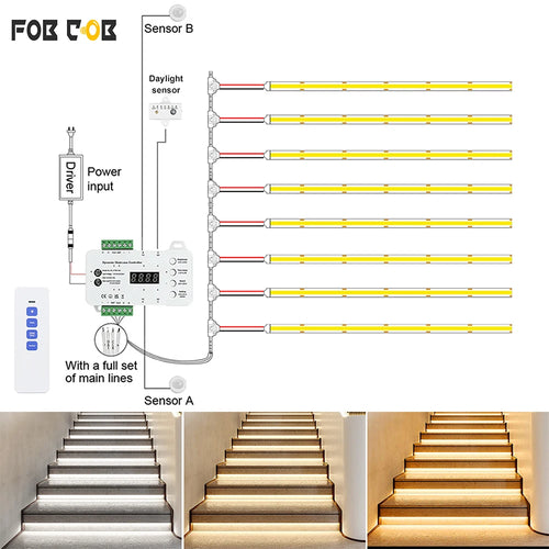 PIR motion LED stair strip kit with dynamic controller, sensor cables, and LED strips