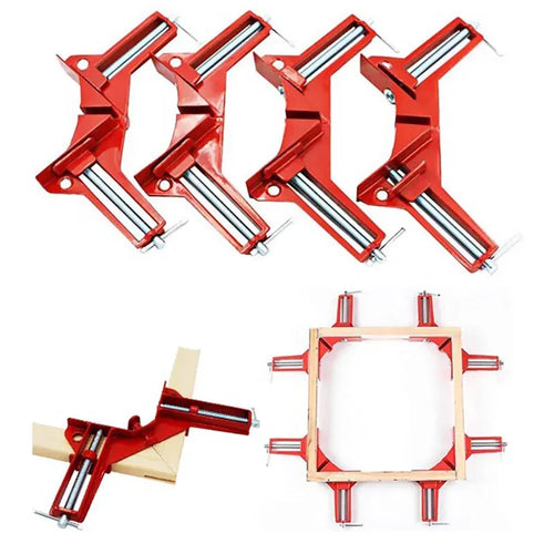 Red 90-degree corner clamps, multiple pieces, for securing a square frame