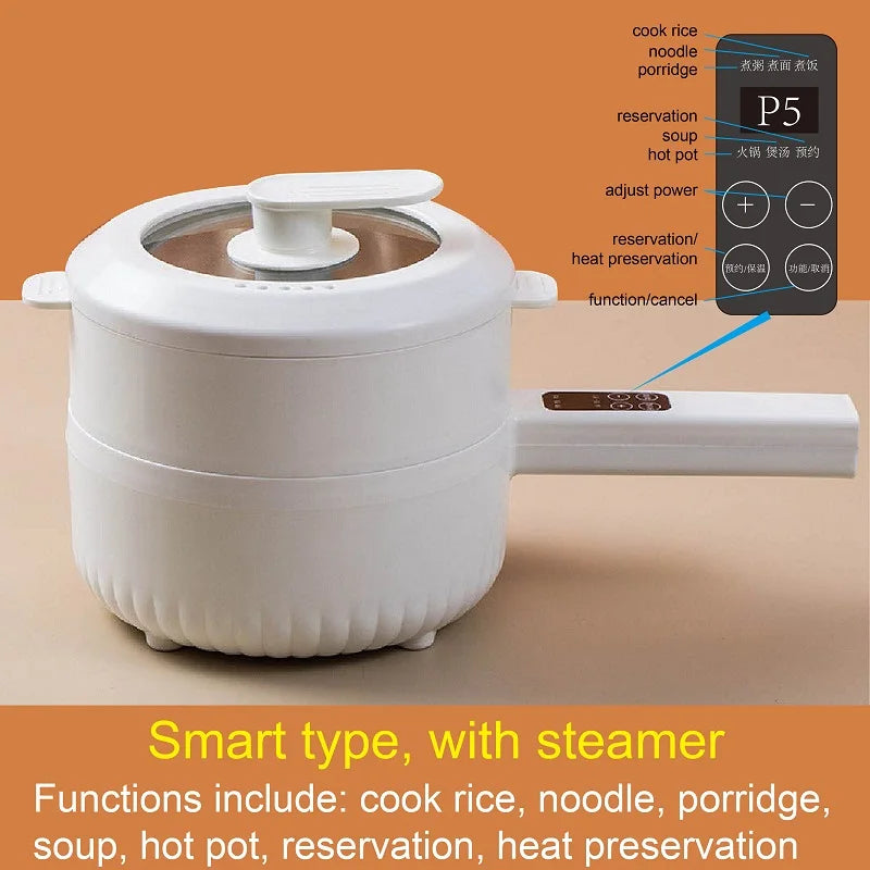 White electric hot pot with steamer lid and top knob, with control buttons on panel