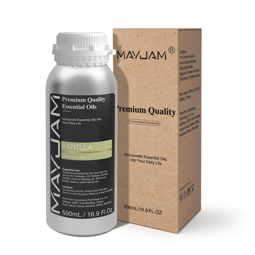 MAYJAM vanilla essential oil in silver bottle with kraft box for aromatherapy and wellness.