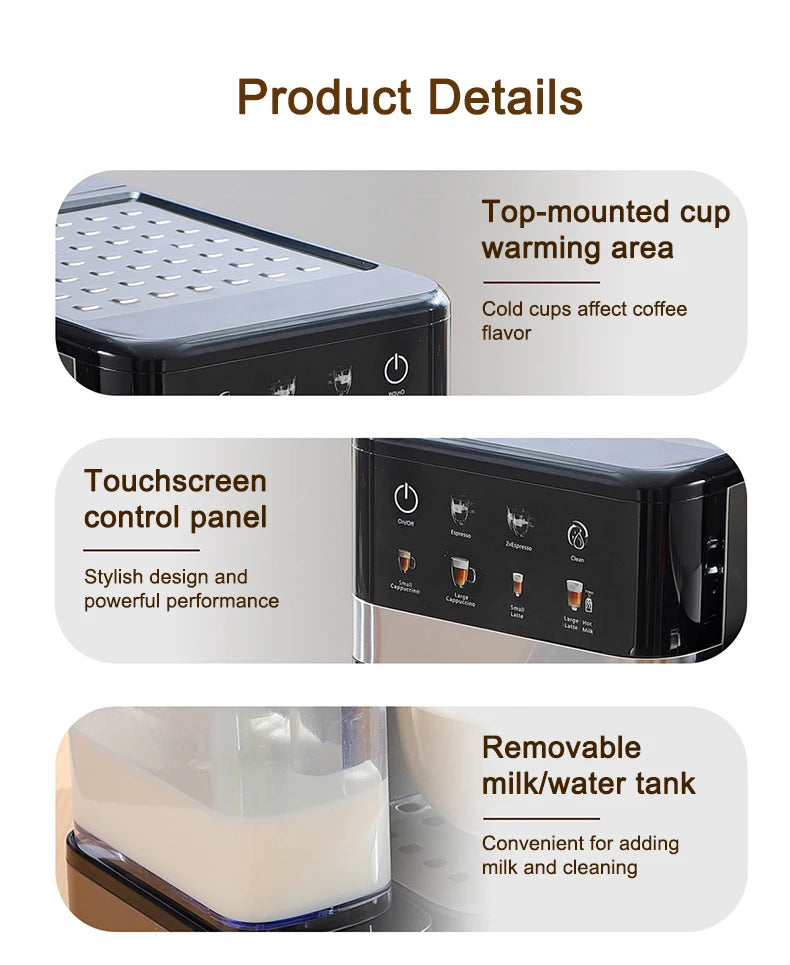 Black espresso machine with touchscreen control, top cup warmer, and removable milk tank for home coffee brewing.