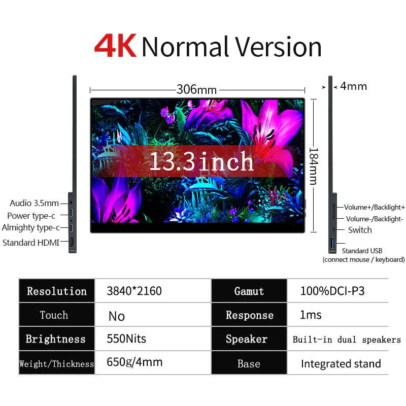 15.6 / 13 Inch 4K OLED Touch Screen Portable Monitor 550Nit USB-C HDMI-Compatible External Gaming Monitor for Xbox Switch Laptop