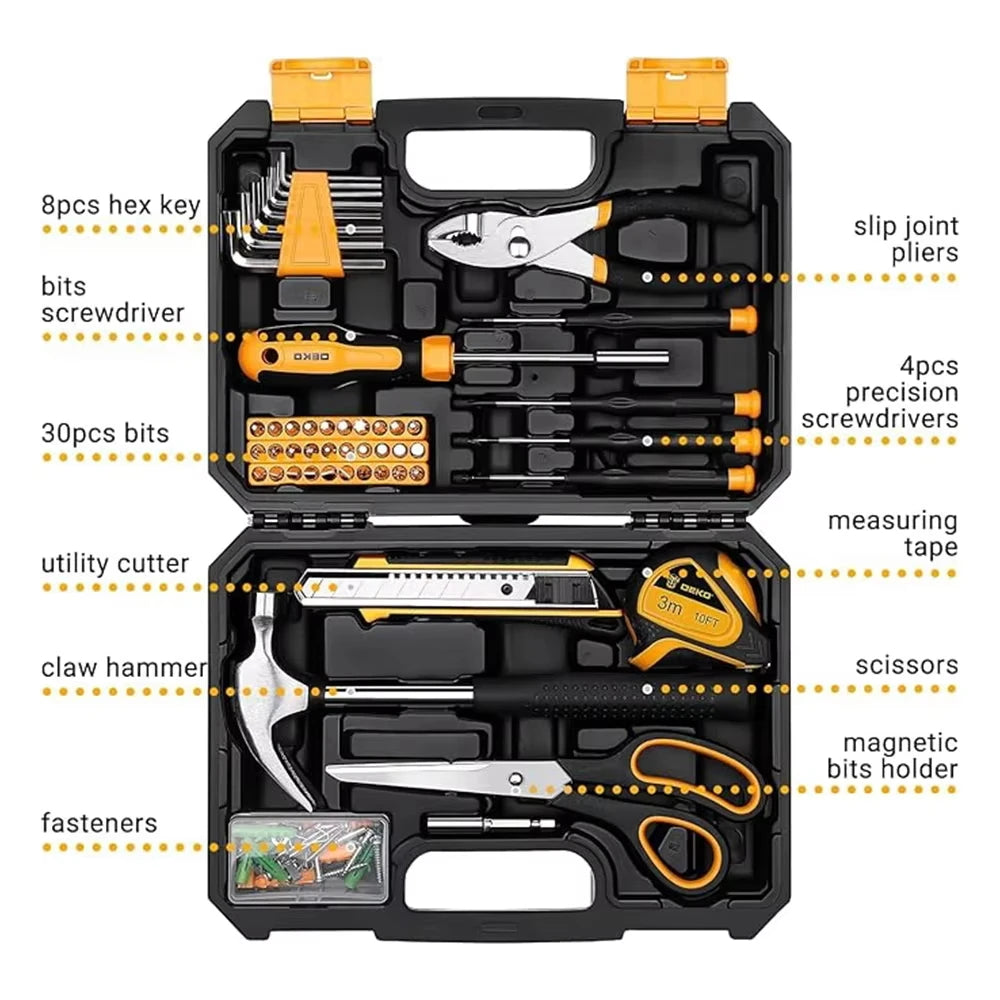 DEKO DKMT196 tool kit case with hex key bits, precision screwdrivers, measuring tape, and clippers