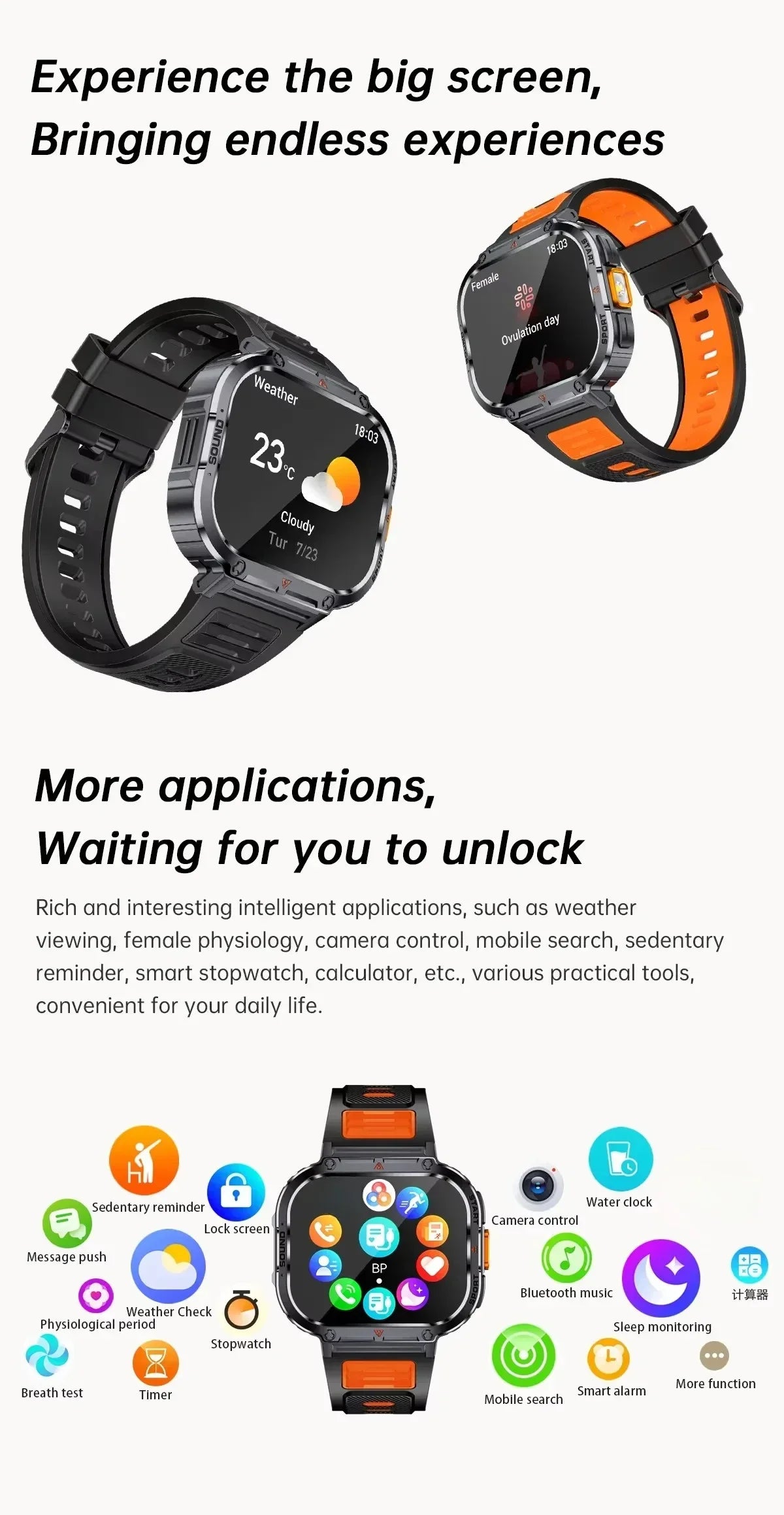 New Smart Watch Men LED Light Flashlight BT Call Music Player Sport Fitness Bracelet Calories Ultra Large Screen Smartwatch