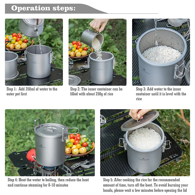 Titanium pot rice cooker operation steps showing filling with water and adding rice, grey