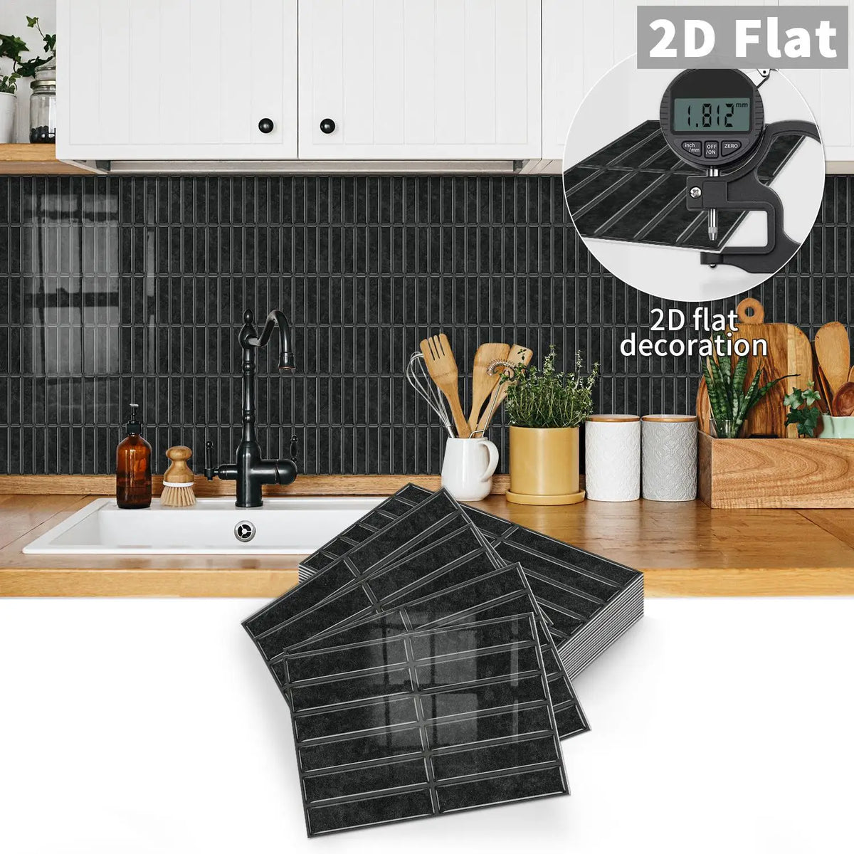 Peel-and-stick tile decal sheets, dark charcoal black square tile grid, flat 2D