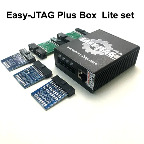 Easy-JTAG Plus Lite set kit with black box and multiple blue pin adapter boards