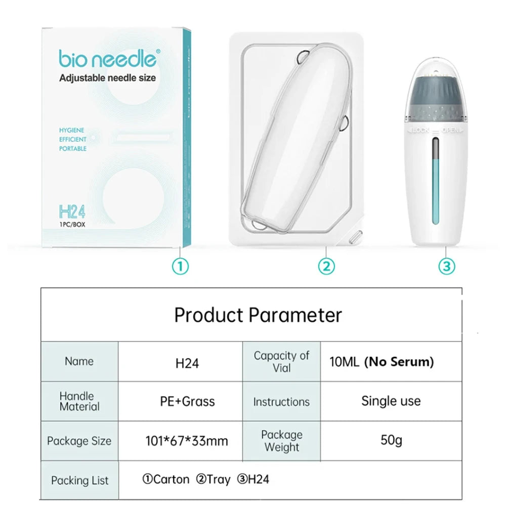 BIO H24 microneedle derma stamp tool with adjustable vial, packaging box, and technical parameter table.