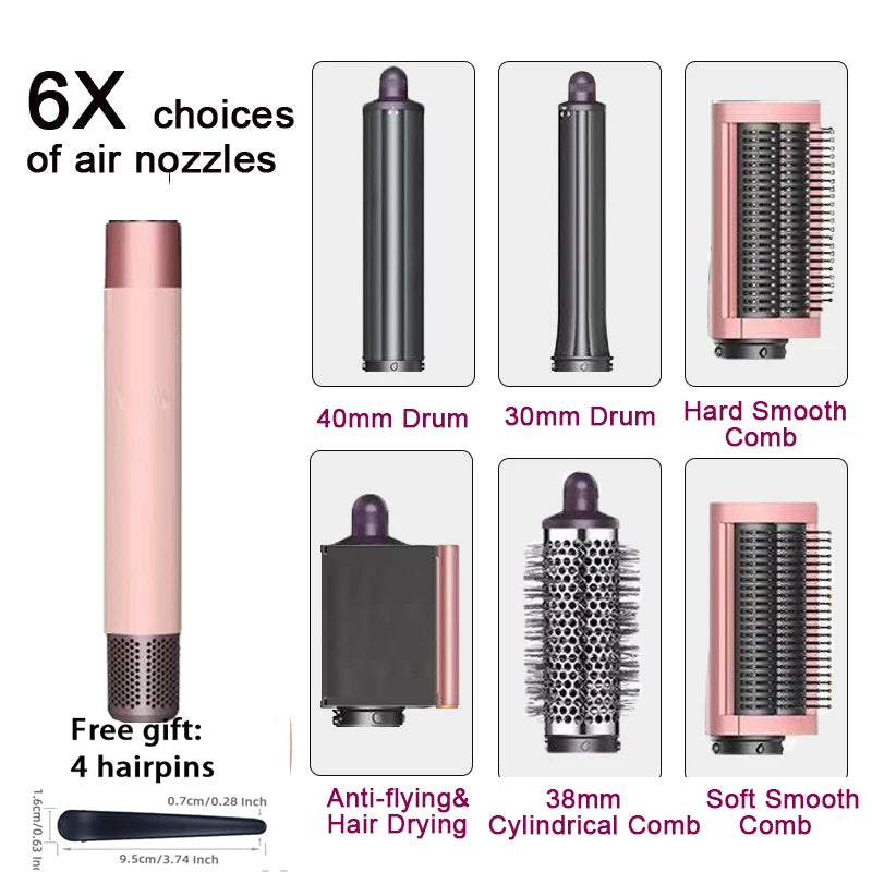 SenCiciMen 6-in-1 pink multi hair styler set with curling barrels, smoothing combs, and hair dryer nozzle attachment.
