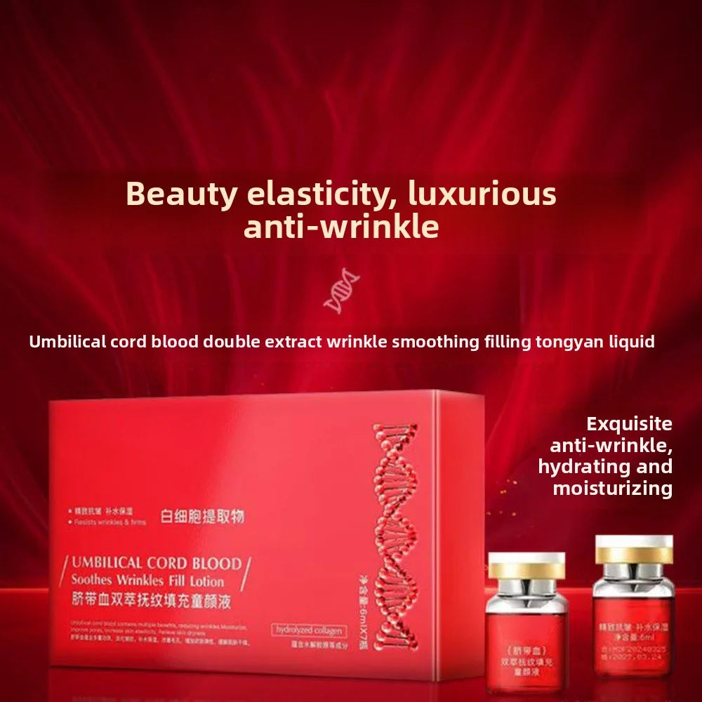 Double Serum Filler anti-wrinkle facial treatment in red glass vials for skin hydration, firming, and line reduction.