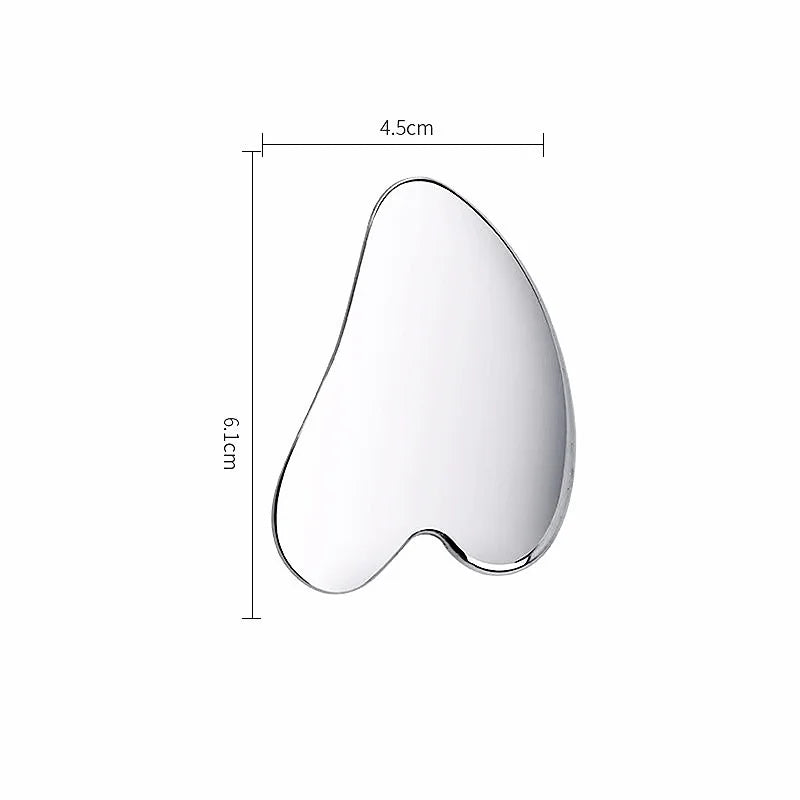 A smooth, heart-shaped silver gua sha facial massager tool, measuring 4.5cm by 6.1cm against a plain white background.