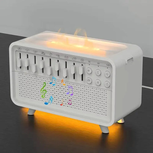 White sleep aid machine with sliders, push buttons, and a warm flame light effect for better sleep and relaxation.