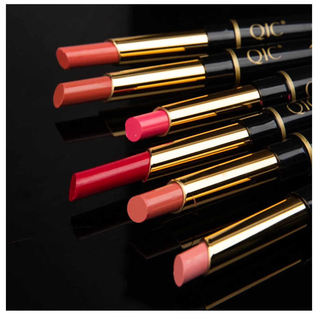 2-in-1 waterproof matte lipstick and lip liner pencils in assorted nude, pink, and red shades with gold casing.