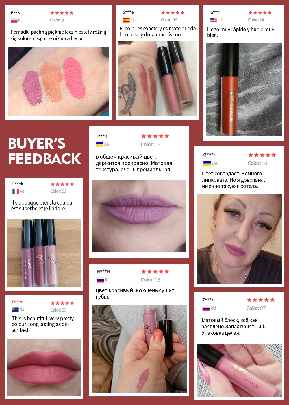 25-color waterproof matte liquid lipstick set showing various swatches and lip applications for long-lasting makeup.