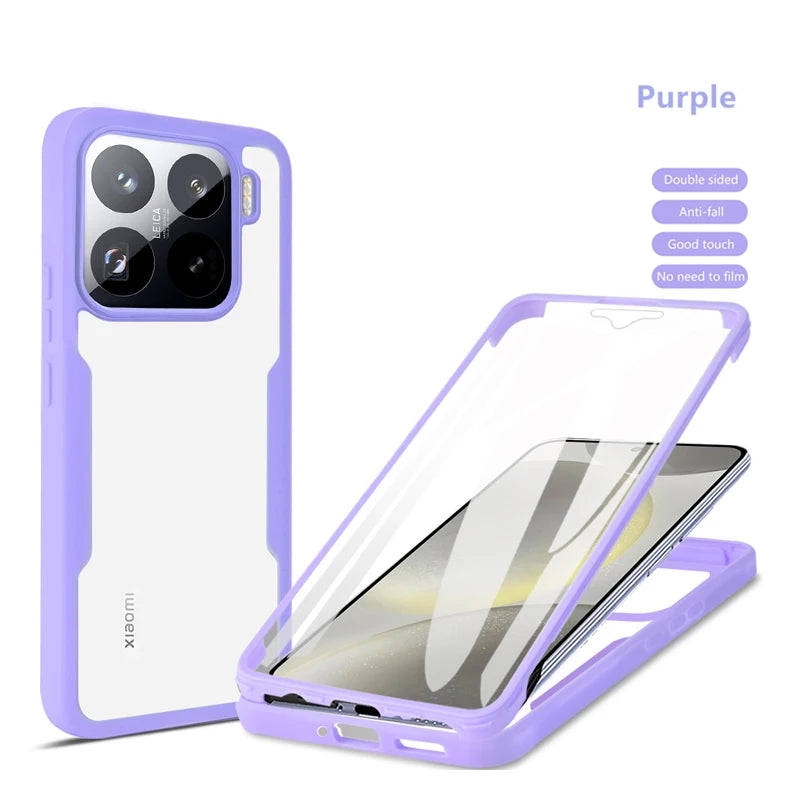 Purple shockproof 360 full-cover phone case for Xiaomi, featuring clear screen protection and a soft anti-fall bumper.