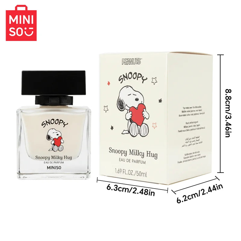 MINISO Snoopy Milky Hug EDP: Floral 50ml women’s perfume, square bottle, jasmine & musk notes. Cute gift spray.
