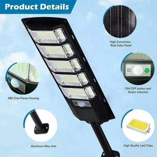 Black solar LED street light on a pole with stacked rectangular LED modules