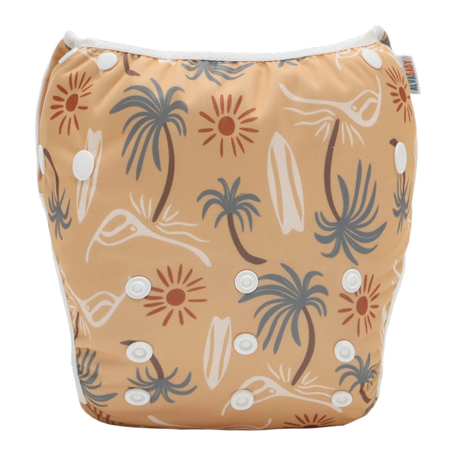 Alvababy reusable cloth diaper with tan palm tree and surfboard print, adjustable snap closure for baby care.