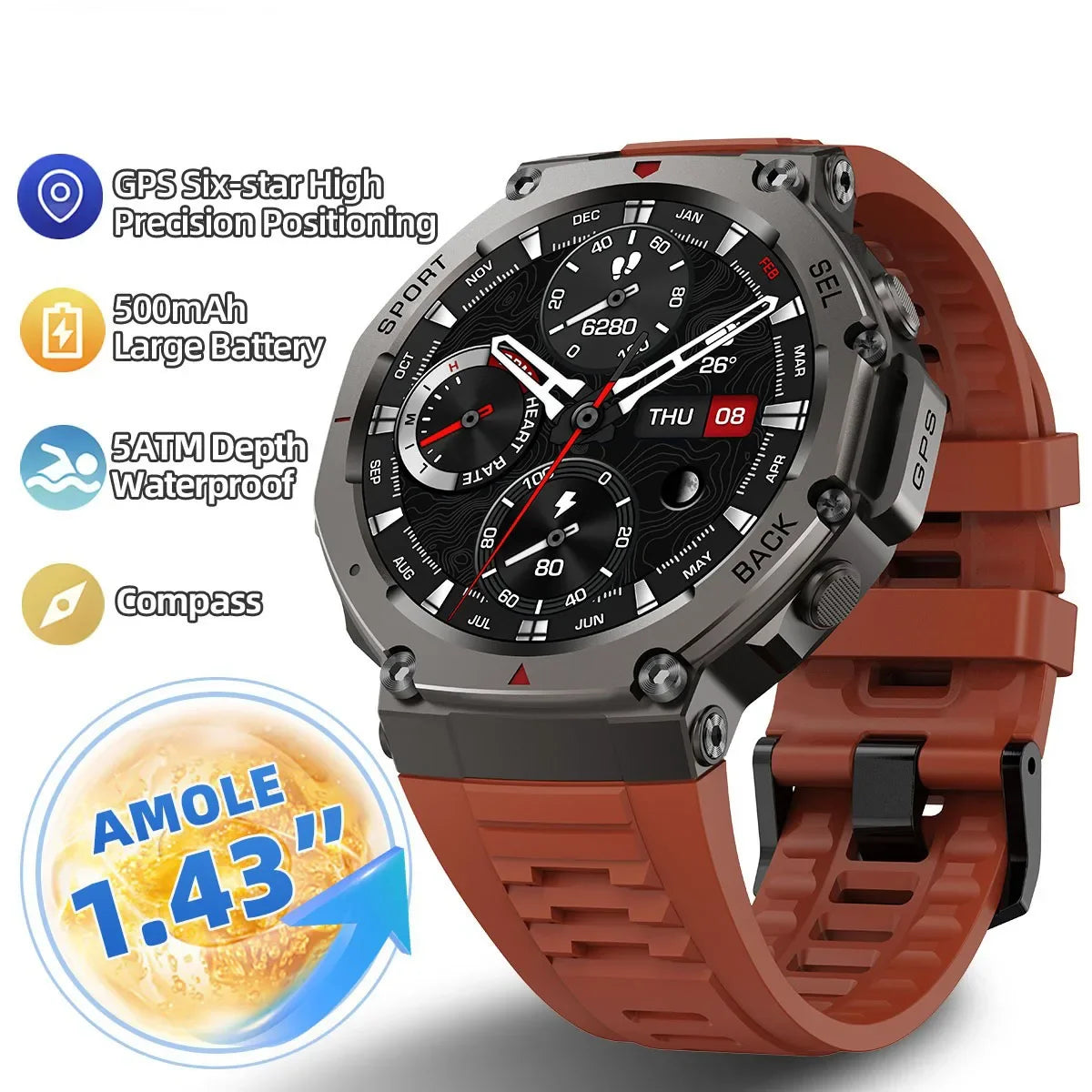 Black rugged smartwatch with red accents, round 1.43 AMOLED display and silicone strap