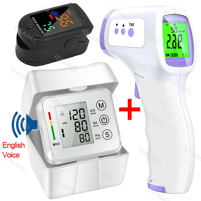 Wrist Blood Pressure Monitor LED English Voice Broadcast Tonometer BP Monitor Non Contact Infrared Medical Thermometer
