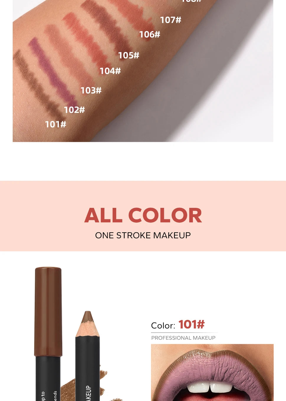 Swatch of 4 velvet matte nude brown lip liner pencils on arm, showcasing long-lasting, waterproof, pigmented colors.