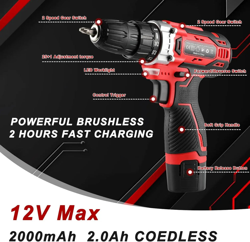 138-Tool Box with Cordless Screwdriver - Extensive Tool and Drill Set w/ 12V Electric Cordless Drill for Repairs and Maintenance