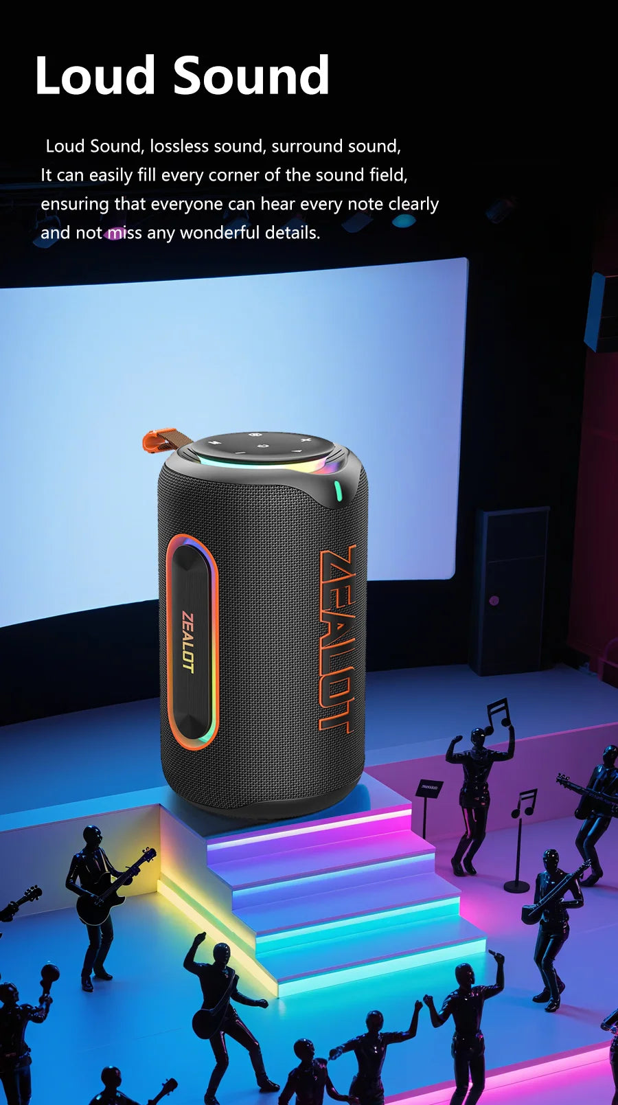 ZEALOT-MP1 60W Wireless Speakers,RGB Light,30 Hours Playtime,, Waterproof IPX 6,Wireless Speaker, Dual Pairing, 8000mAh Battery.