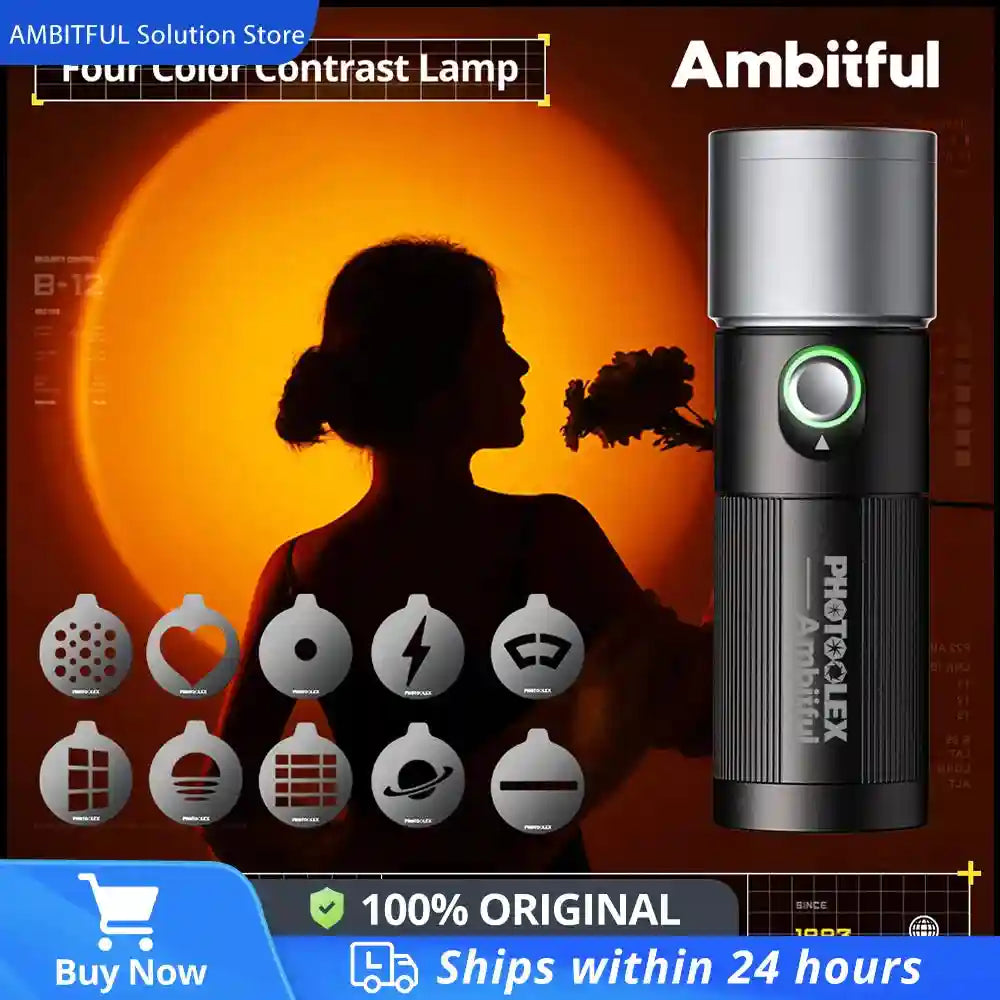 Compact black cylindrical handheld photography light with a silver head and ten interchangeable metal pattern masks.