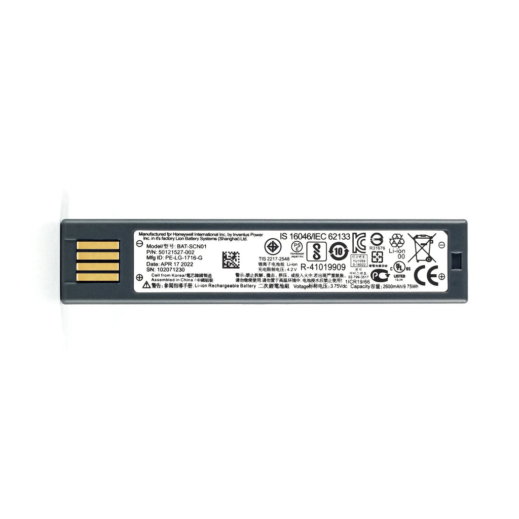 Barcode scanner rechargeable battery with black casing and gold contact pins, label side