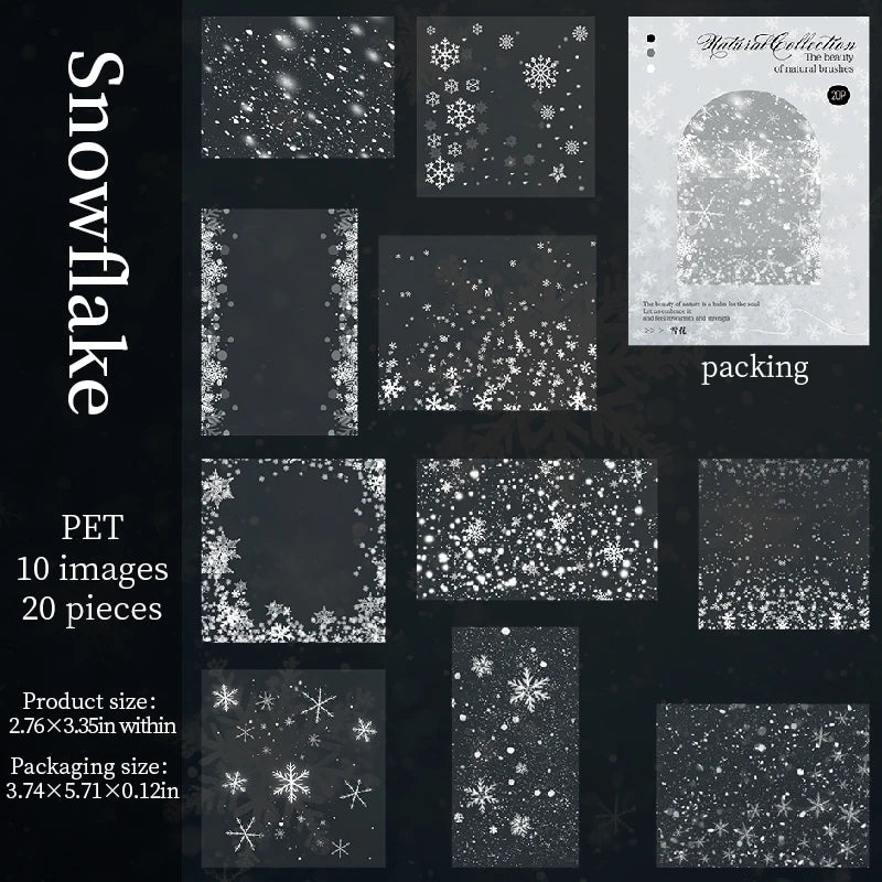 20pcs retro snowflake PET stickers for creative DIY journaling, aesthetic scrapbook decoration, and stationery projects.