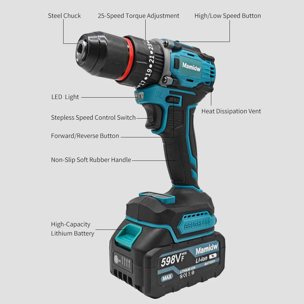 Mamidw Brushless Lithium Electric Drill 1850RPM High Speed Cordless Power Drill for Metal Wood Drilling Furniture Screw Fastening, For Makita 18V Battery PIN
