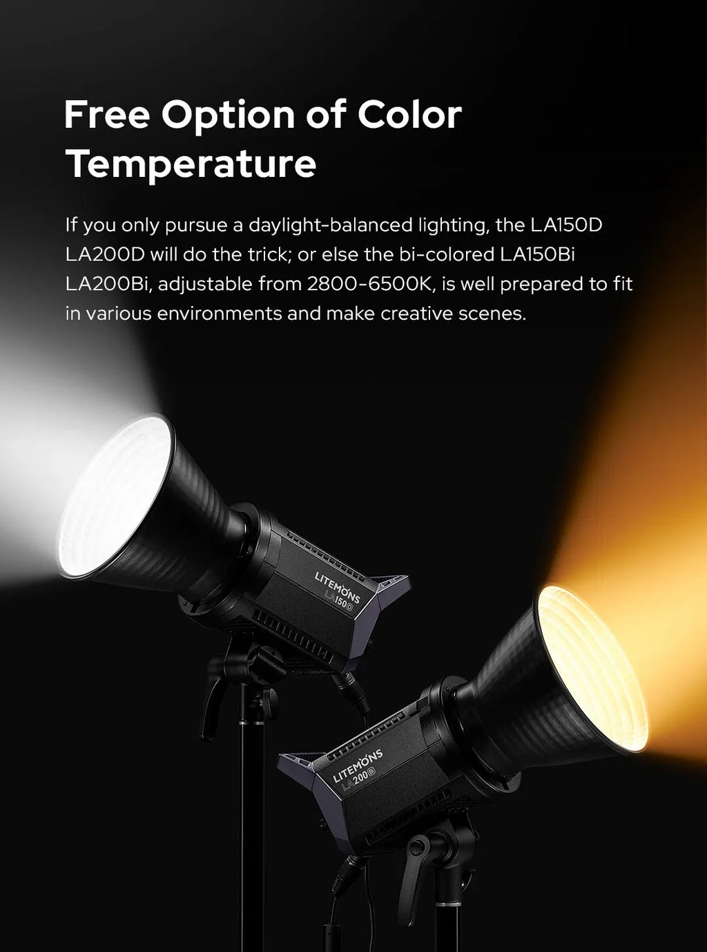Two black LED studio lights on stands, one emitting cool white light and one emitting warm yellow light.