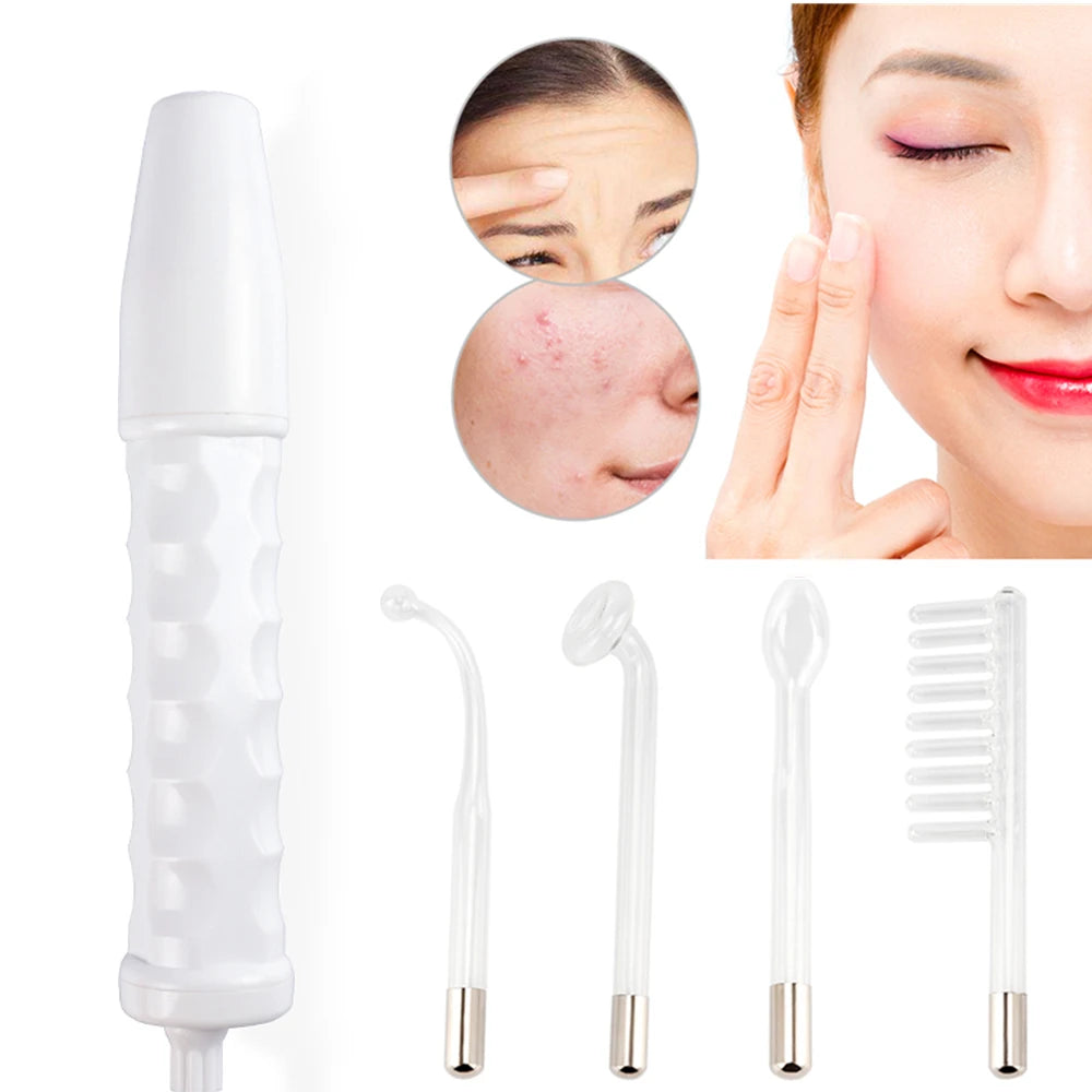 High-frequency facial wand with white handle and four interchangeable glass electrodes for treating skin and hair.