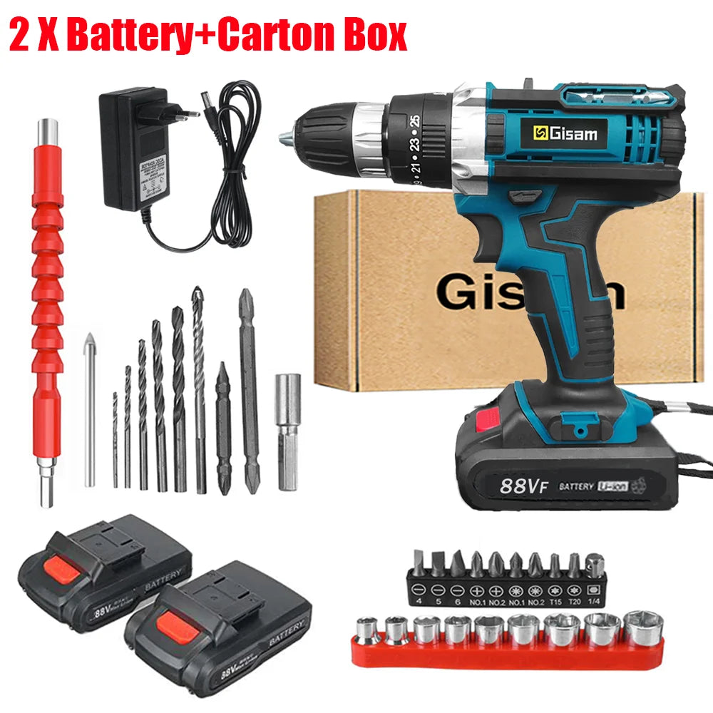 Wiredless Impact Drill Screwdriver Rechargeable Battery Cordless Hammer Drill 25+3Torque Setting Electric Screwdriver Power Tool