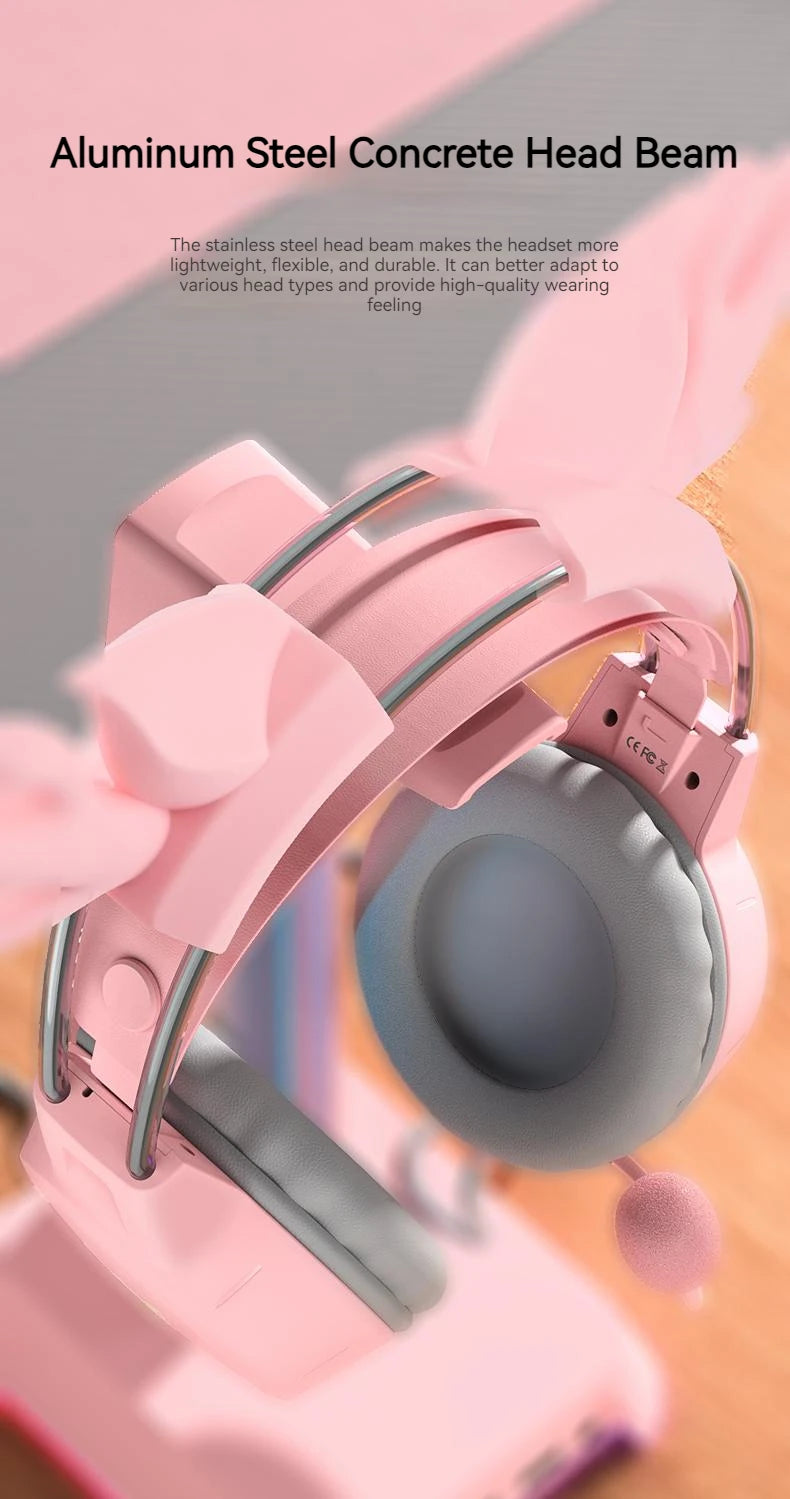 Pink Gaming Headphones with Cat Ears, RGB Mic, and Low Latency Audio Tidesmit