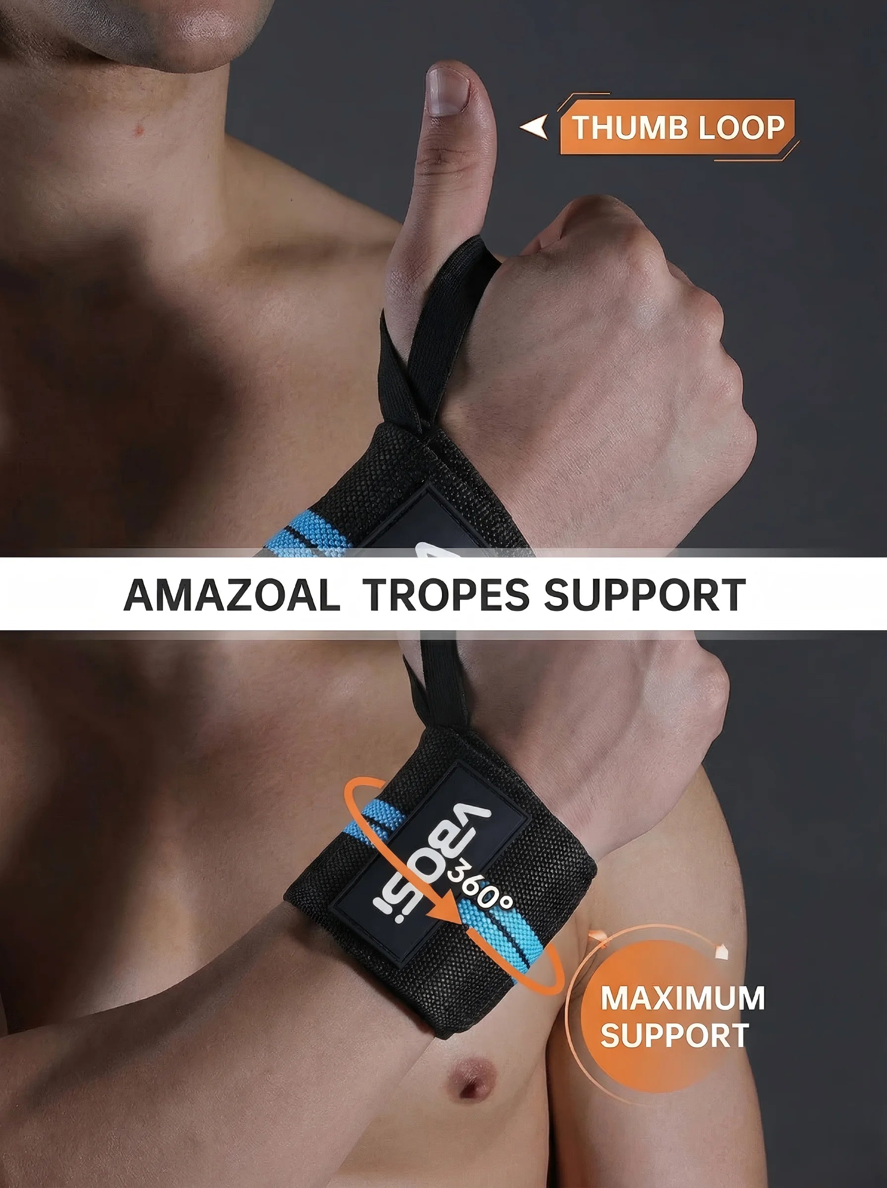 VBOSI Adjustable Wrist Support Brace with Thumb Loop,Heavy Duty Wrist Wraps for Powerlifting, Weight Training&Injury Prevention