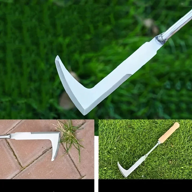 L-shaped weeding tool head and wooden handle shown from angled views.