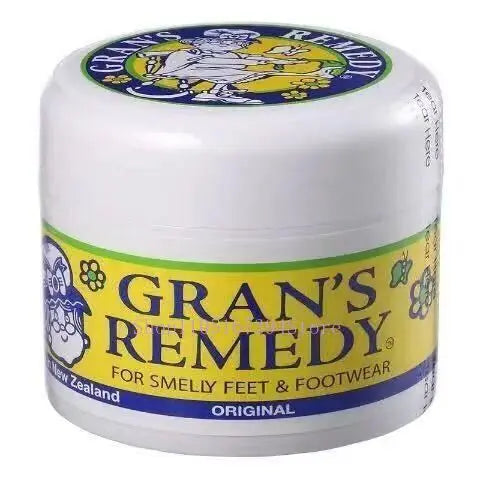 Gran's Remedy foot powder container, white jar with yellow and blue branding for shoe odor and foot care.