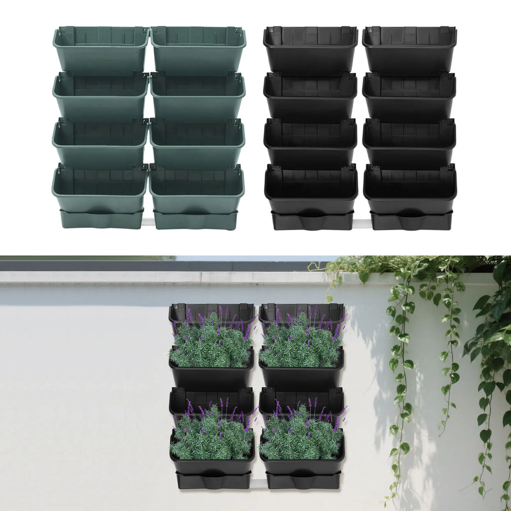 Wall-mounted vertical planter set, green and black modular planters with hanging brackets