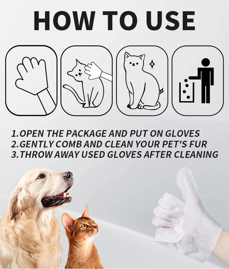 Disposable pet wash-free cleaning gloves for easy, gentle cat and dog grooming. Convenient waterless bath wipes.