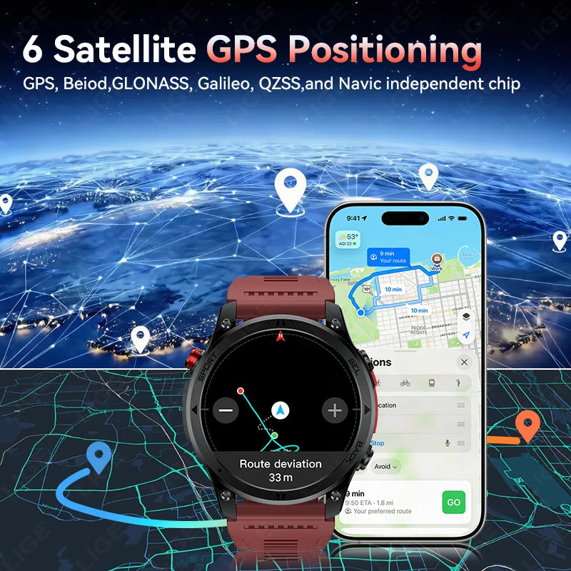 LIGE New Global Hiking Smart Watch 1.46''HD Screen 530mAh Battery GPS Path Track Outdoor Sport Fitness Waterproof Smartwatch Men