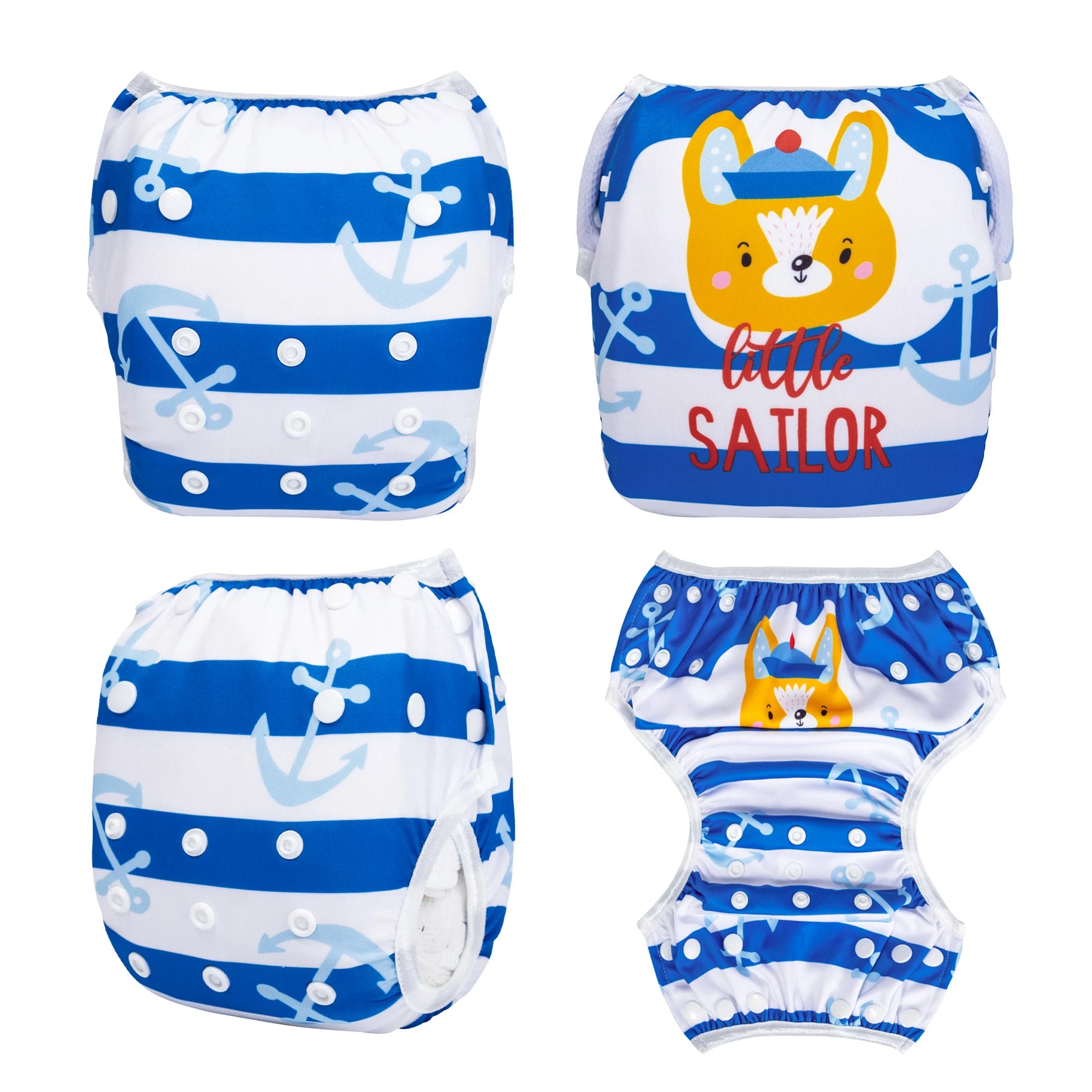 Reusable baby swim diaper featuring "Little Sailor" fox design, striped pattern with anchors, and adjustable snaps.