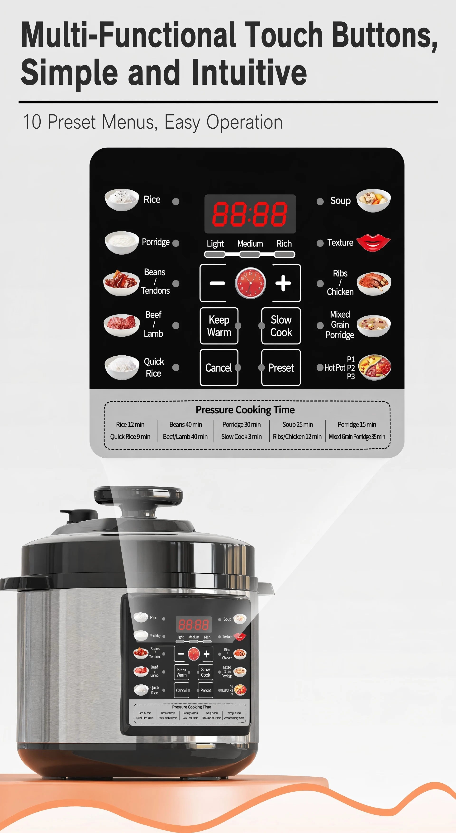 Electric pressure cooker control buttons with timer and preset menu icons
