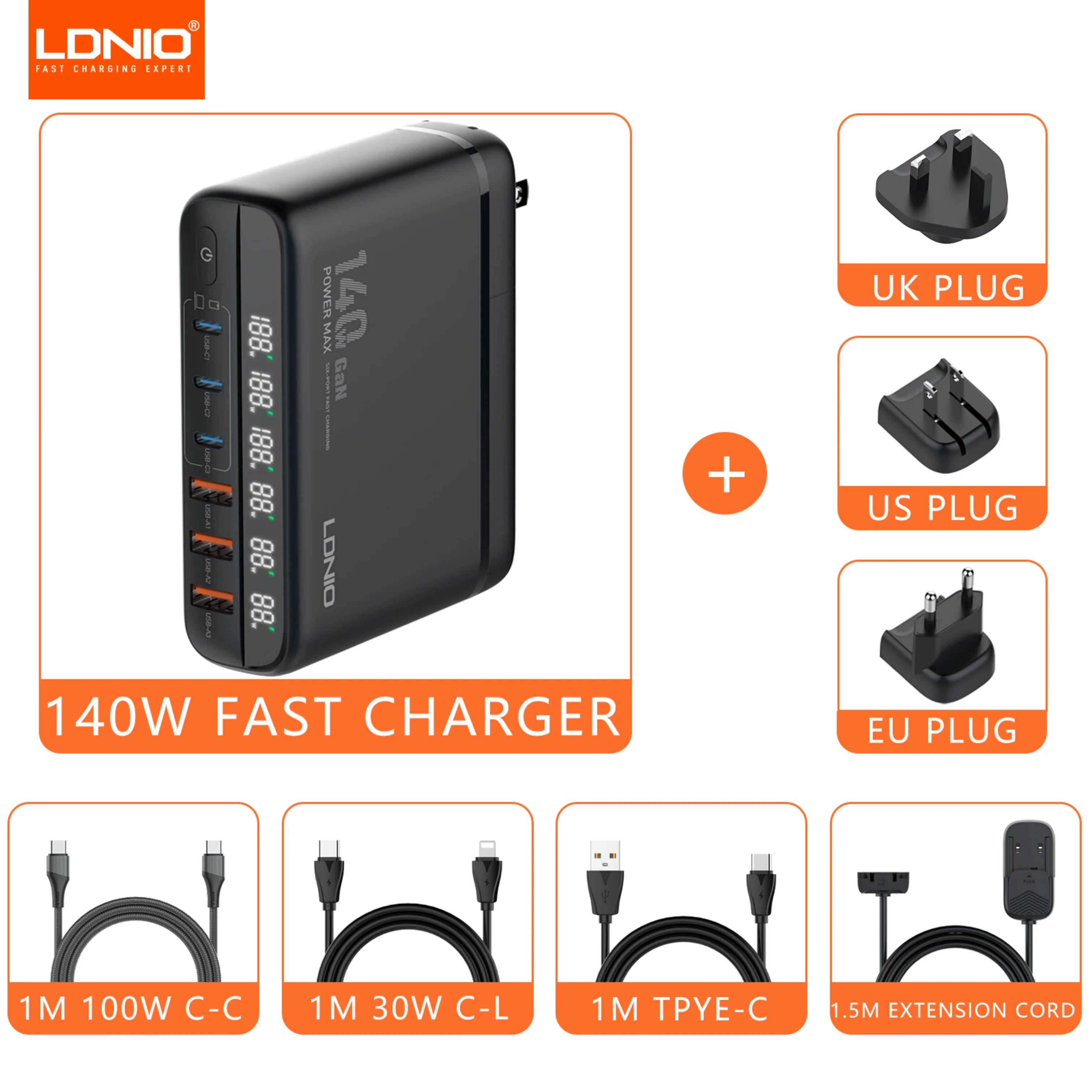 140W GaN USB-C Charger | Fast PD Adapter for Laptops & Mobile Devices with 3 charge cable China Mainland Tidesmit