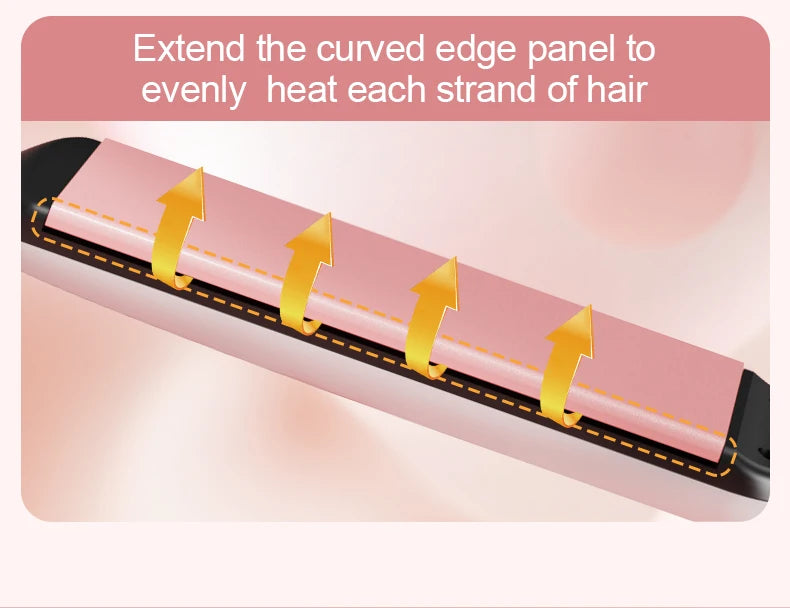 Pink hair straightener with wide curved edge plates for even heat distribution and professional salon styling.