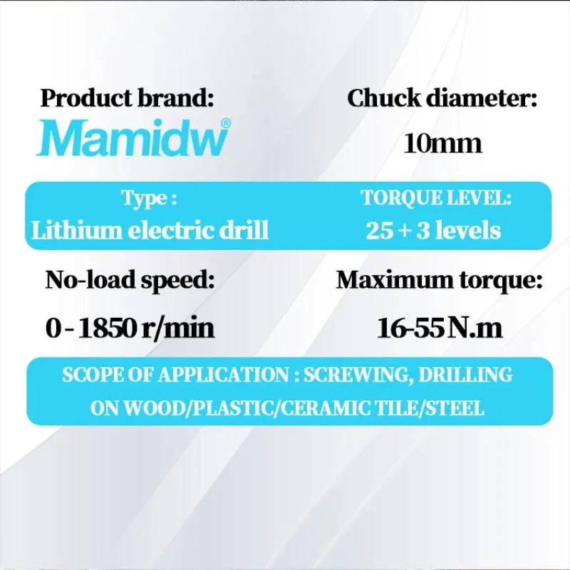 Mamidw Brushless Lithium Electric Drill 1850RPM High Speed Cordless Power Drill for Metal Wood Drilling Furniture Screw Fastening