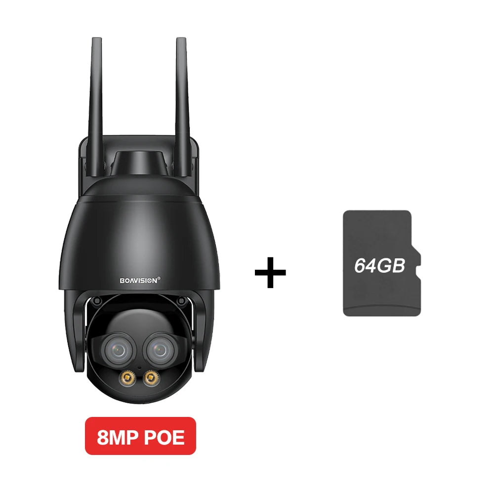 Black dual-lens POE security camera with 64GB microSD card